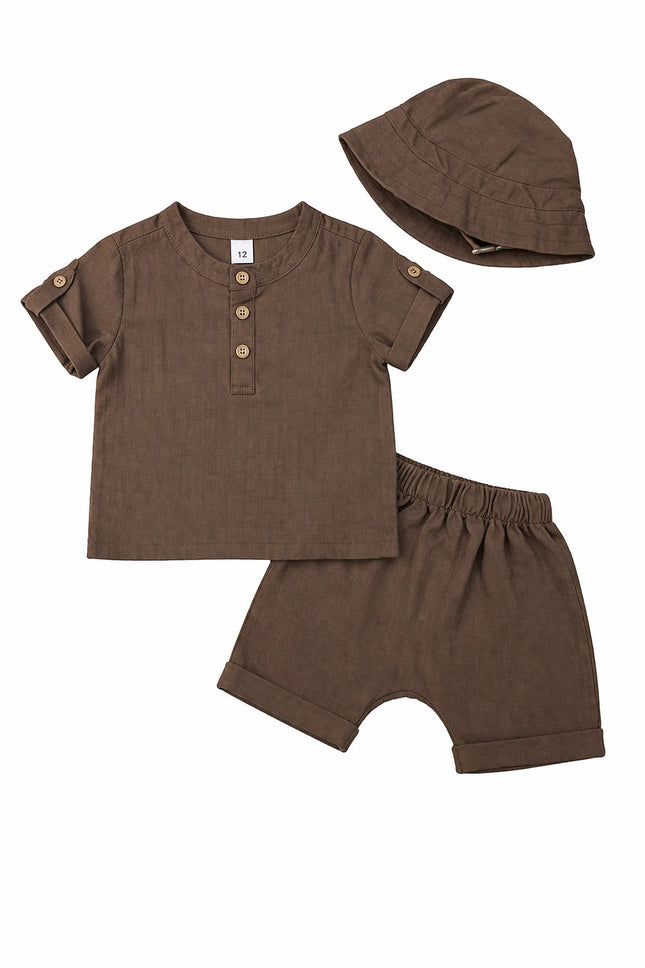 Baby Boy 3-Piece Chocolate Linen-Blend Set: Henley Tee, Cuffed Shorts & Matching Sun Hat