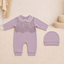 Floral Lace Early-Winter Romper Set with Cap – Lilac