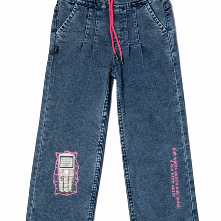 Kids Denim Cargo Pants – Wide Leg Fit with Pink Drawstring & Printed Patch