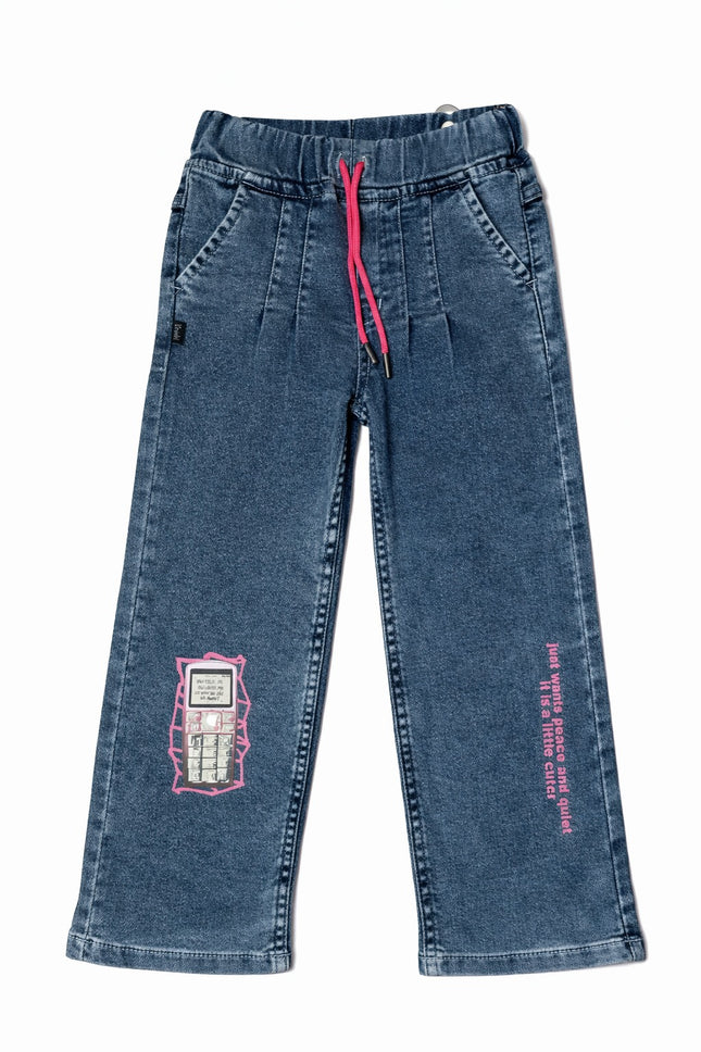 Kids Denim Cargo Pants – Wide Leg Fit with Pink Drawstring & Printed Patch