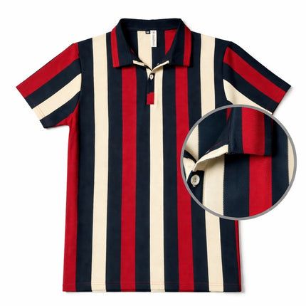 BOYS  Premium Striped Polo Shirt – Short Sleeve Collared T-Shirt (Navy/Red/Cream)
