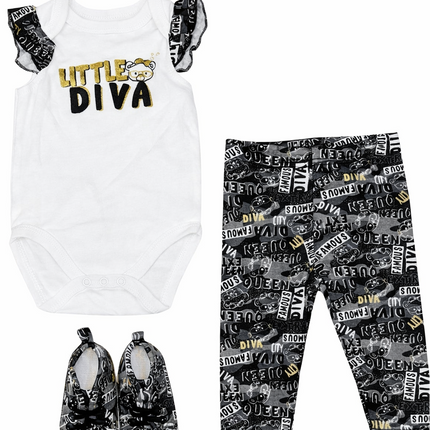 Little Diva Baby Girl 3-Piece Outfit Set (Bodysuit, Printed Pants & Shoes)