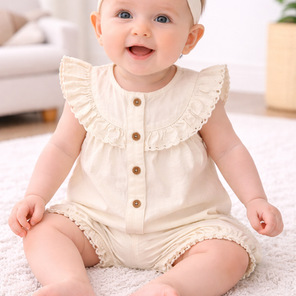 Baby Girl Cream Summer Dress Set with Headband (3-Piece)