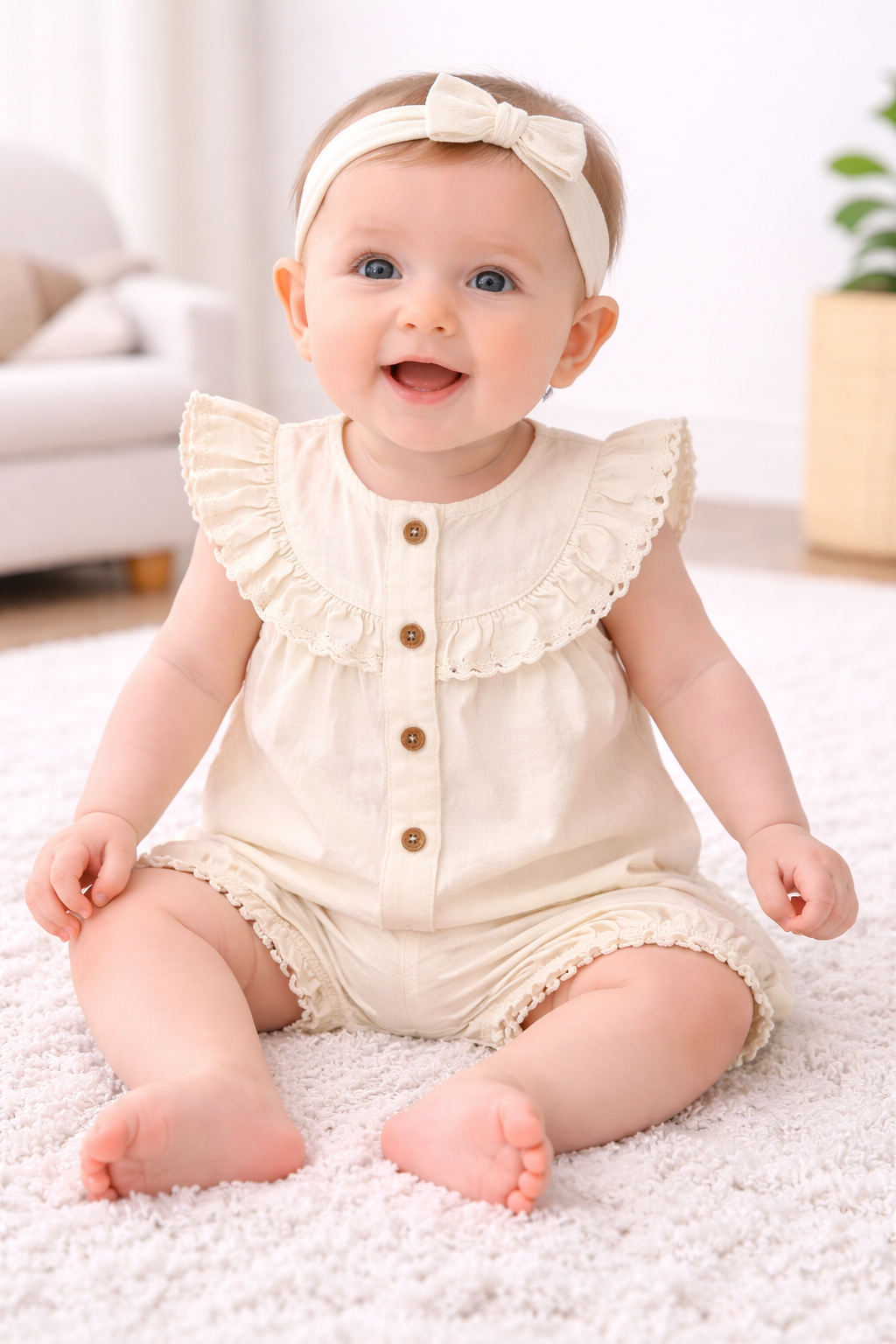 Baby Girl Cream Summer Dress Set with Headband (3-Piece)