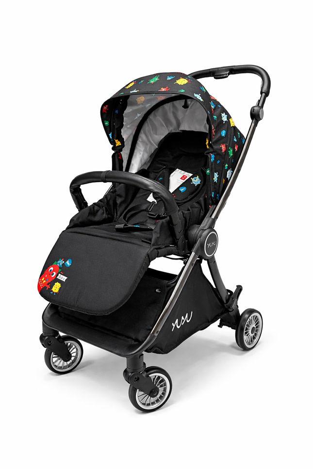 Luxury Baby Stroller Pram with Canopy & Foot Cover – Black Cartoon Print (Newborn to Toddler)