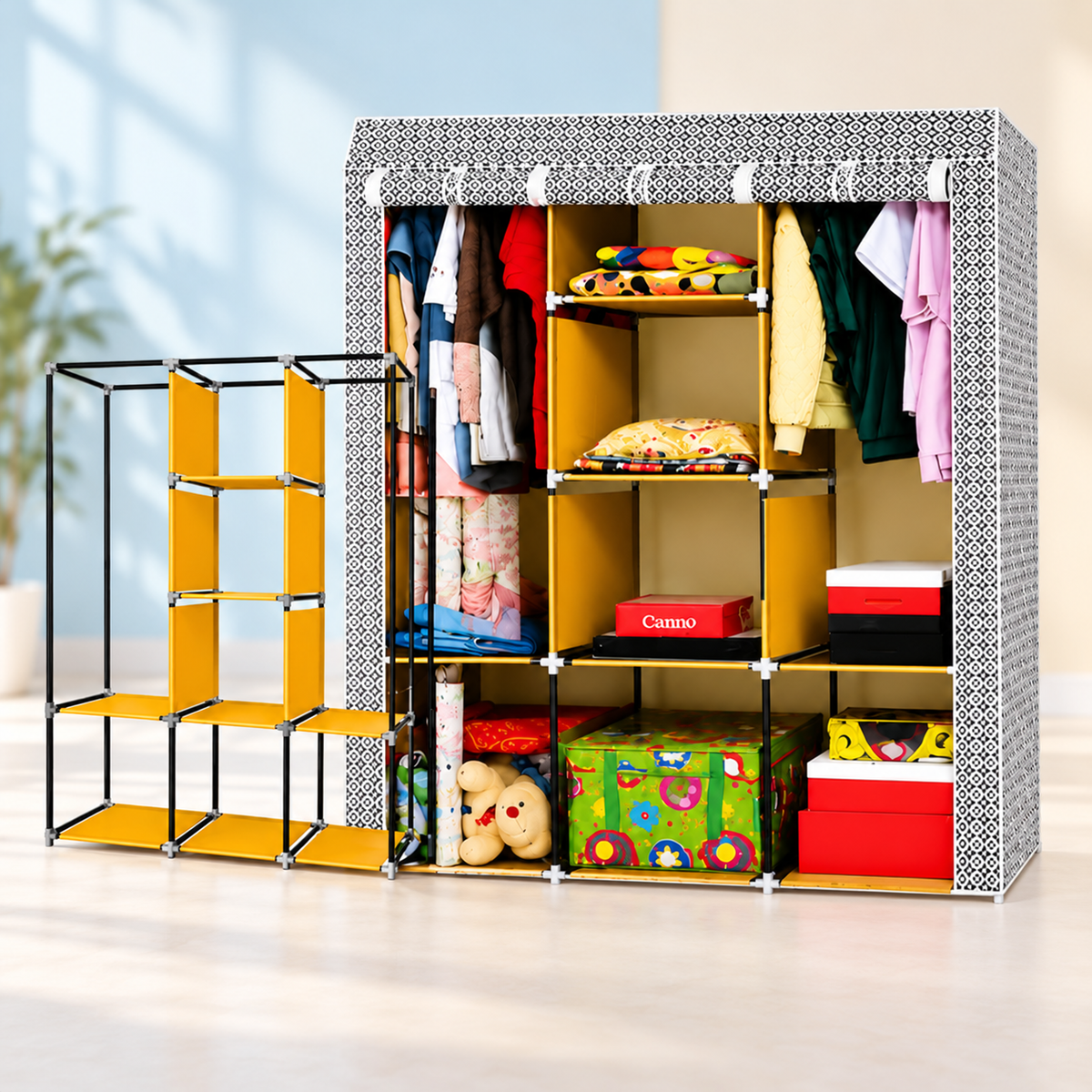 Portable Modular Fabric Wardrobe Closet – Multi-Compartment Clothes Organizer with Hanging Space & Storage Shelves