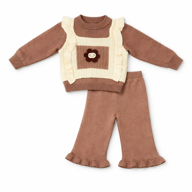 Mocha Brown Knitted Baby Girl Top & Pants Set with Floral Patch – 2-Piece Winter Outfit