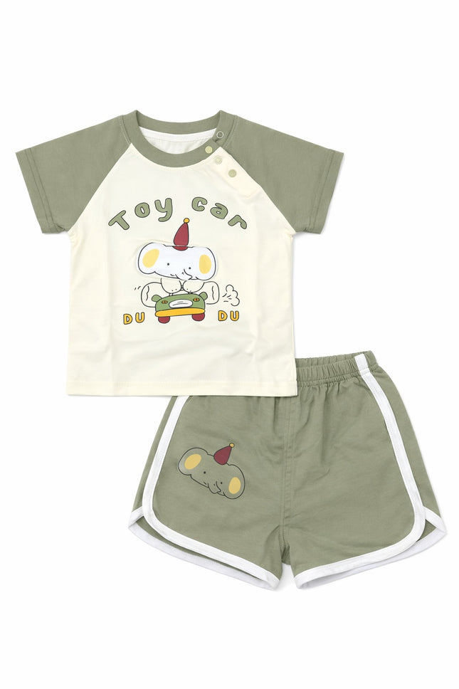 Baby Boy "Toy Car" Elephant Graphic Raglan T-Shirt & Dolphin Shorts 2-Piece Summer Set
