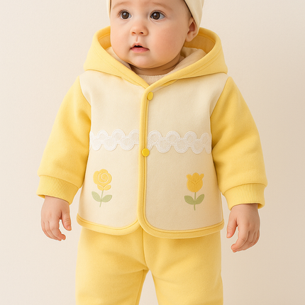 Cute Yellow Floral Hooded Winter Suit for Babies (2-Piece Set)