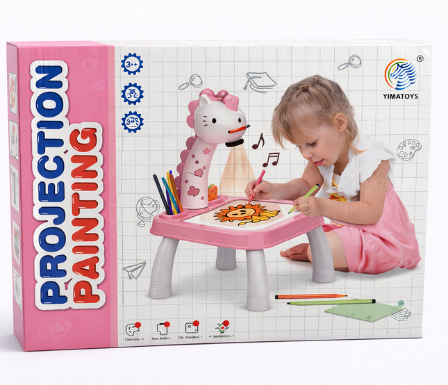 Kids Unicorn Projector Painting Table with Light & Music – Drawing & Tracing Desk (Pink)