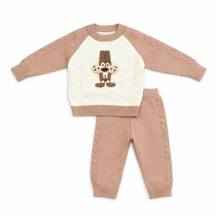 Cute Knit Baby Outfit Set for 0–12 Months – Cream & Beige Puppy Sweater with Matching Pants