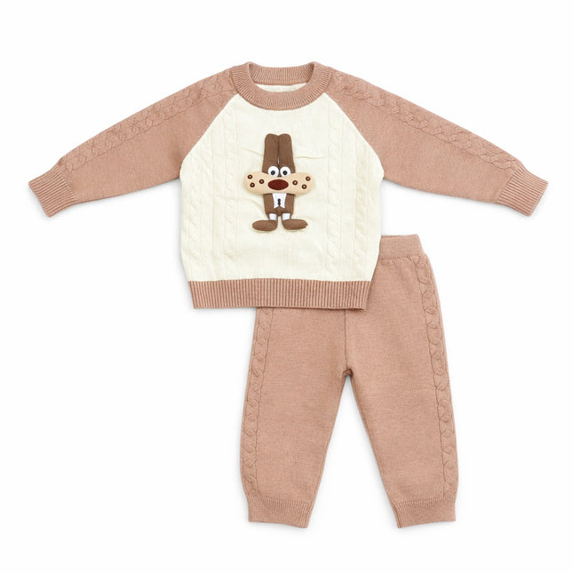 Cute Knit Baby Outfit Set for 0–12 Months – Cream & Beige Puppy Sweater with Matching Pants