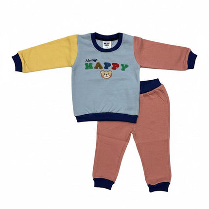 Always Happy Color-Block Sweatshirt & Jogger Set – Cute Bear Design (2-Piece Outfit)