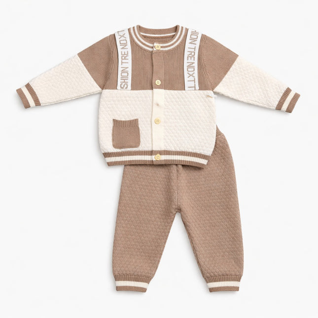 Trendy Knit Baby Outfit Set for 0–9 Months – Taupe & Cream Two-Piece Cardigan Set
