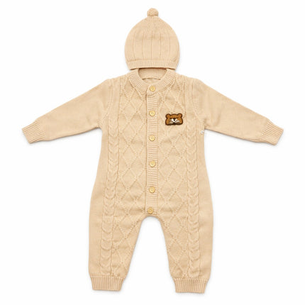 Beige Cable-Knit Baby Romper with Cap – Winter 2-Piece Cozy Suit