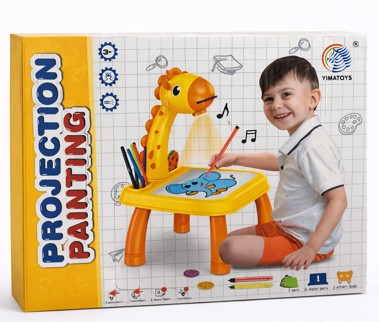 Kids Projection Painting Drawing Table – Giraffe Art Projector Set with 3 Disks & 12 Watercolor Pens