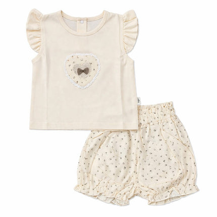 Baby Girl Flutter Sleeve Heart Patch T-Shirt & Floral Print Bloomer 2-Piece Summer Set
