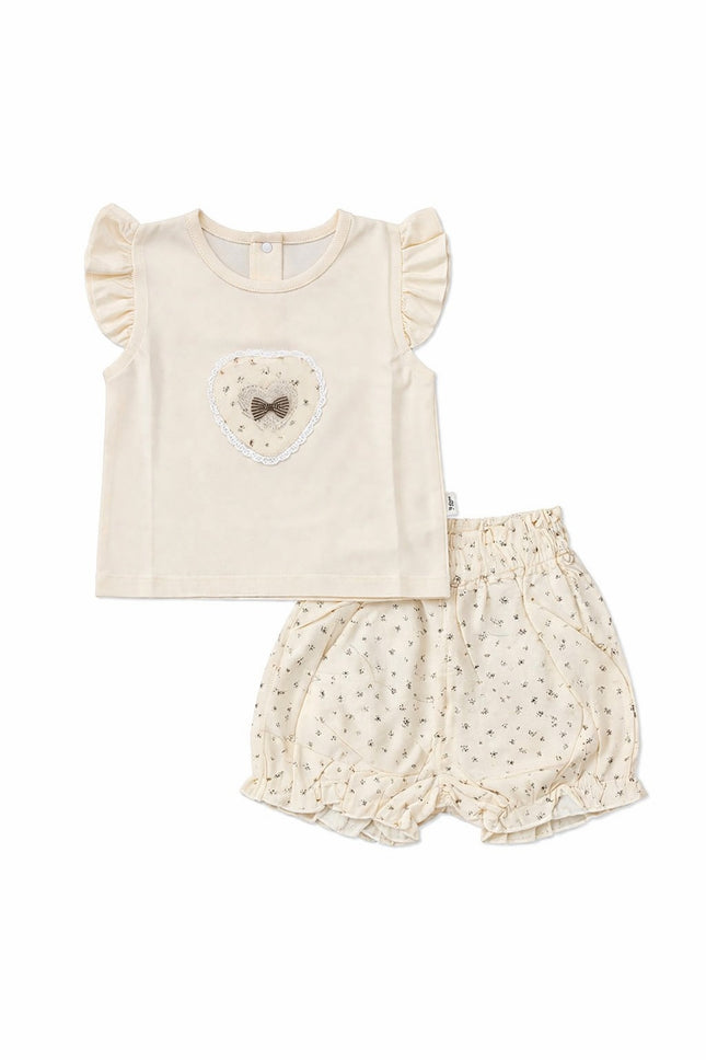 Baby Girl Flutter Sleeve Heart Patch T-Shirt & Floral Print Bloomer 2-Piece Summer Set