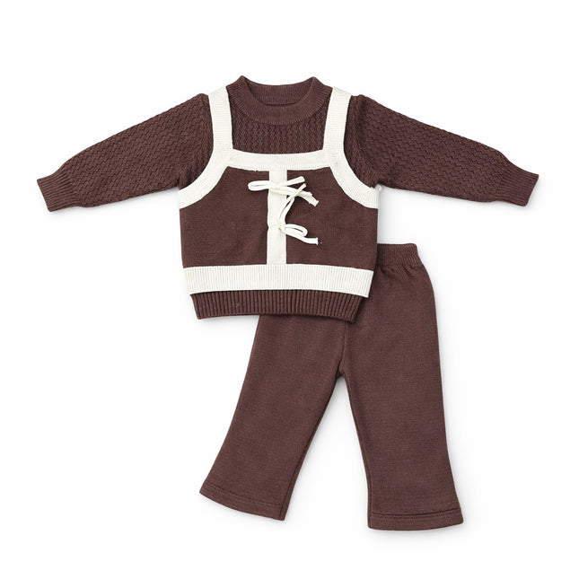 Modern Knit Baby Outfit Set for 0–9 Months – Brown & Cream Two-Piece Sweater Set