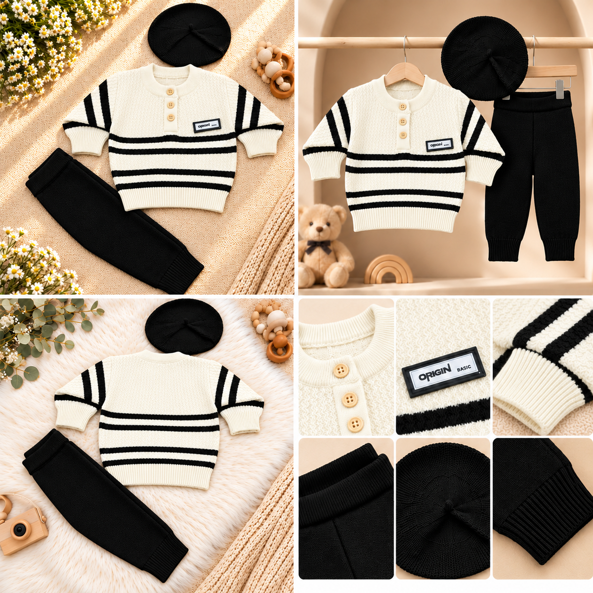 Baby Boys' 3-Piece Knitted Winter Set – black K0738