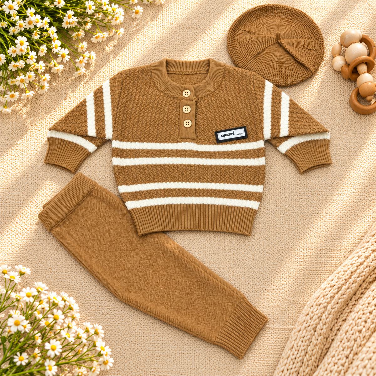 Baby Boys' 3-Piece Knitted Winter Set – Brown  K0738