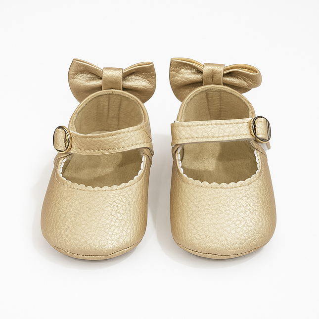 Baby Girl Golden Bow Shoes – Elegant Soft Leather Party Pre-Walkers 👑✨