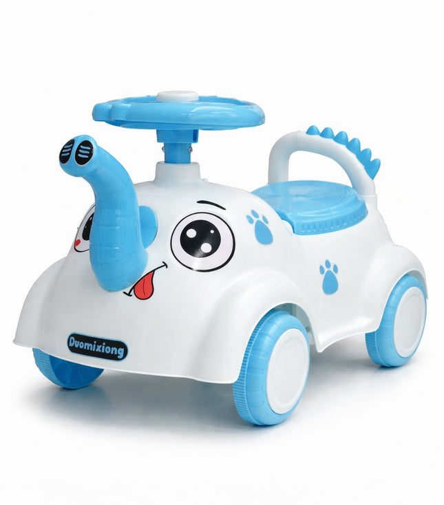Kids Elephant Ride-On Push Car – Cute Baby Scooter with Steering Wheel & Backrest (Blue/White)