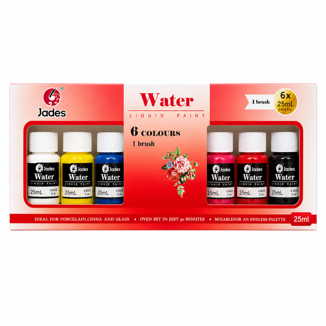 Jades Water Liquid Paint Set – 6 Vibrant Colours with Brush (25ml Each) | Water-Based Paint for Glass, Porcelain & Ceramic