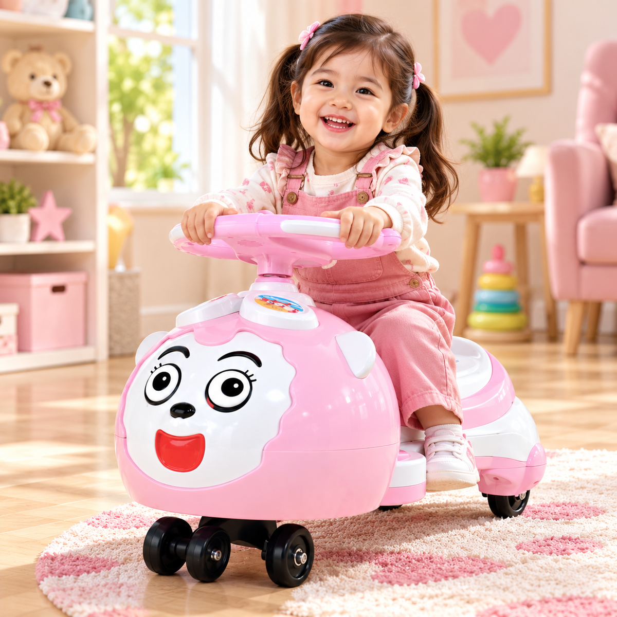 Cute Pink Cartoon Ride-On Car for Kids – Fun Steering Wheel Toy
