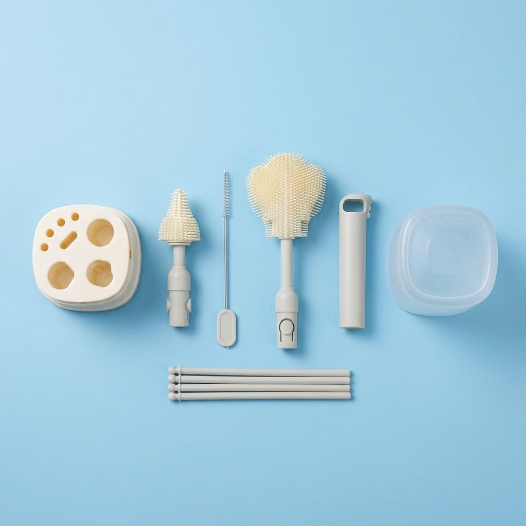 A set of light beige and white baby feeding and cleaning accessories arranged neatly on a solid light blue background. The set includes a round nipple holder, a textured bottle brush, a small cleaning brush, a transfer spoon, a small container, and several transfer tubes.