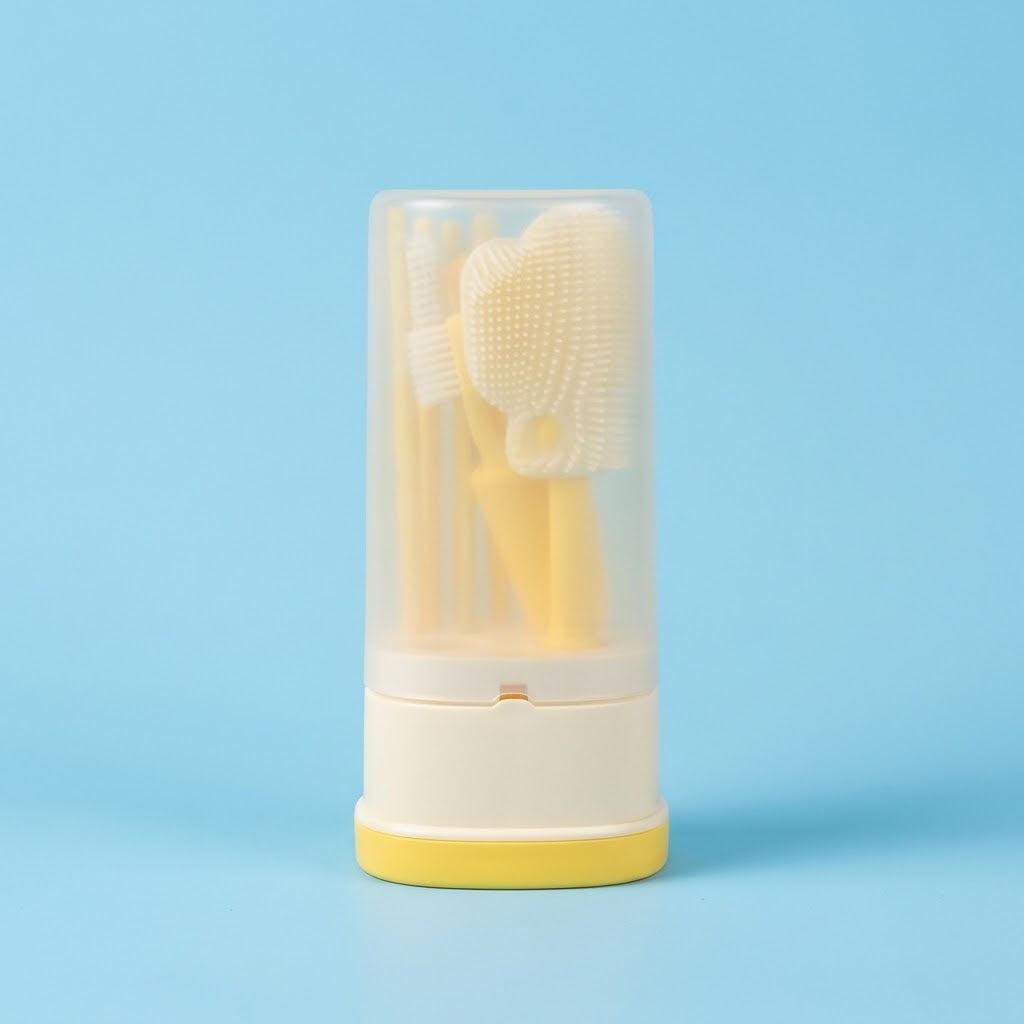 A set of silicone baby teethers and cleaning brushes inside a clear cylindrical storage case with a white and yellow base, set against a solid light blue background.
