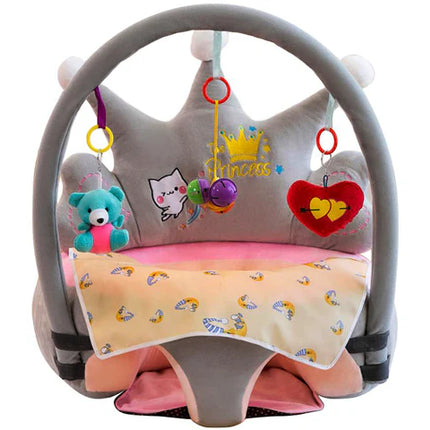 Baby Princess Crown Plush Support Seat with Play Gym – Soft Sitting Chair for Infant Girls 👑💖 (Gray)