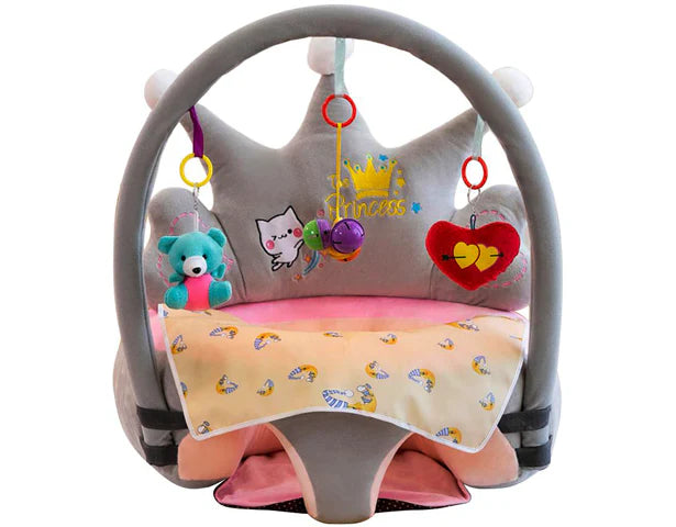 Baby Princess Crown Plush Support Seat with Play Gym – Soft Sitting Chair for Infant Girls 👑💖 (Gray)