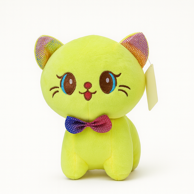 Cute Neon Yellow Kitty Plush – Soft Stuffed Cat with Bow | MAMALOVE