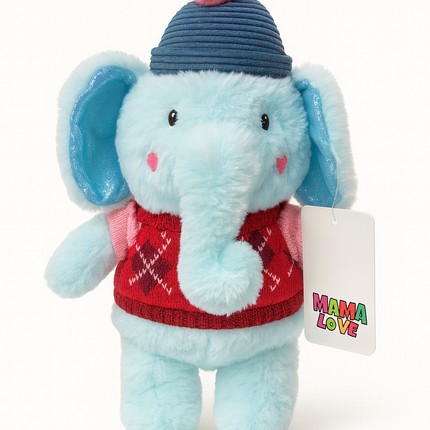 Cute Winter Elephant Plush Toy – Soft Blue Stuffed Animal with Sweater & Cap | MAMALOVE