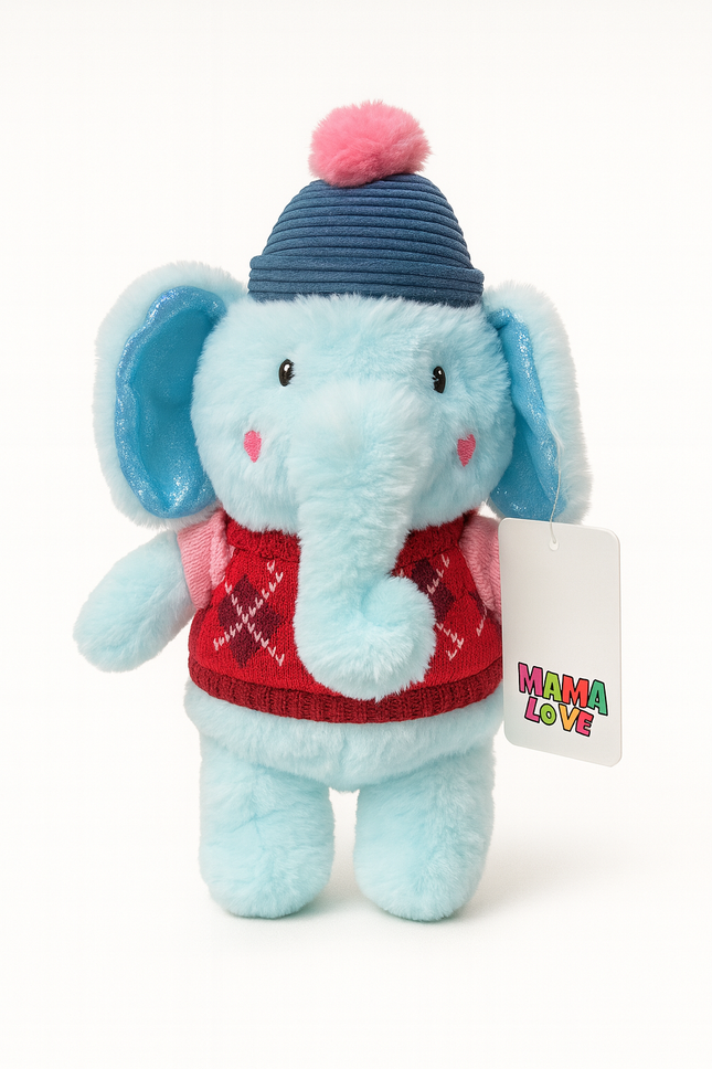Cute Winter Elephant Plush Toy – Soft Blue Stuffed Animal with Sweater & Cap | MAMALOVE
