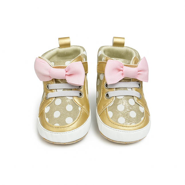 Golden Polka Dot Baby Shoes with Pink Bow – Sparkly & Sweet
