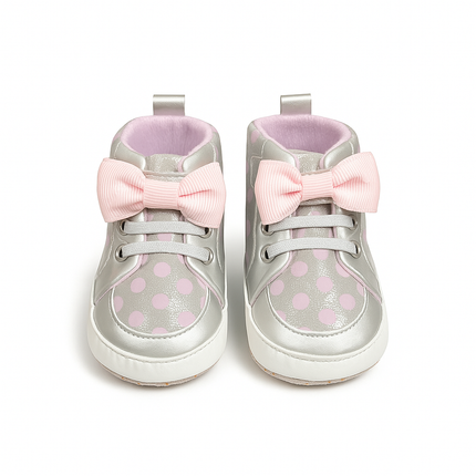 Silver & Pink Polka Dot Baby Shoes with Bow – Cute & Stylish