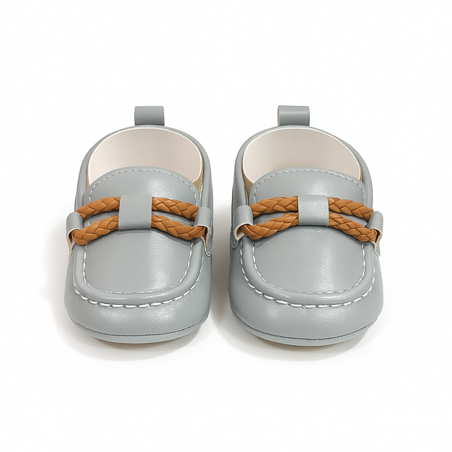 Grey Baby Loafers with Braided Strap – Elegant & Comfy