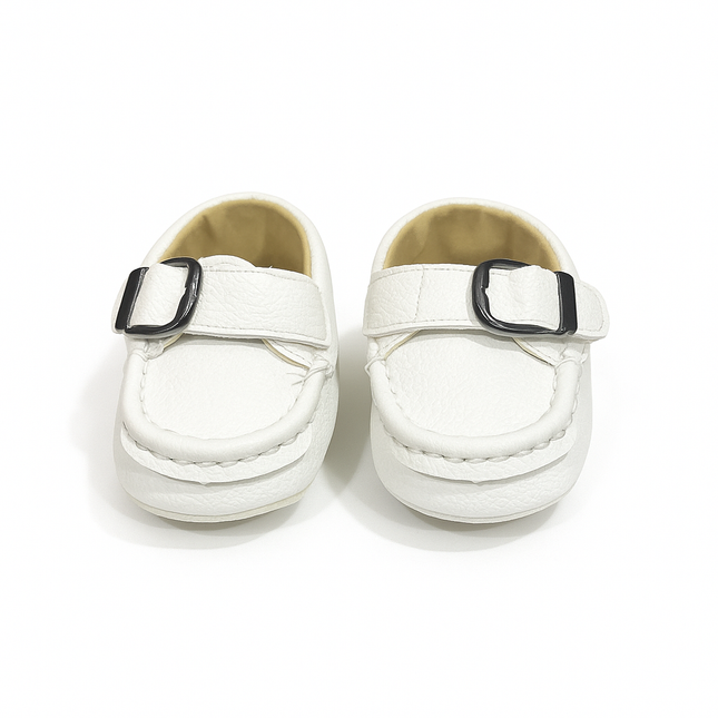 White Baby Loafers with Buckle – Classic & Comfortable
