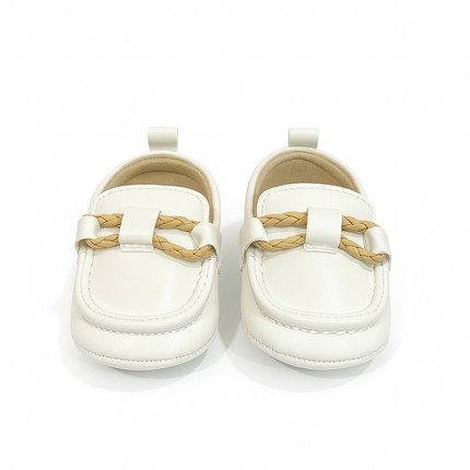 Classic White Baby Loafers with Braided Strap – Soft Sole Elegance