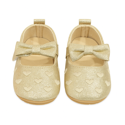 Baby Girl Golden Heart Bow Shoes – Sparkly Party Wear Pre-Walkers ✨💛