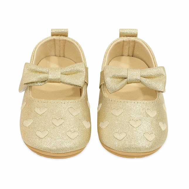 Baby Girl Golden Heart Bow Shoes – Sparkly Party Wear Pre-Walkers ✨💛