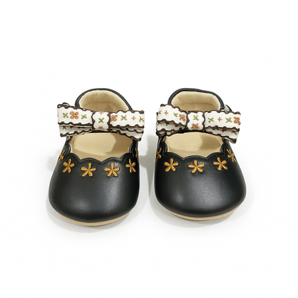 Baby Girl Floral Bow Soft Leather Shoes – Elegant Pre-Walker Dress Shoes 🌸🖤