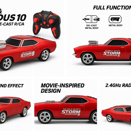 Fast & Furious 10 RC Car – 1:19 Scale Die-Cast Storm Super Car with Lights & Sound