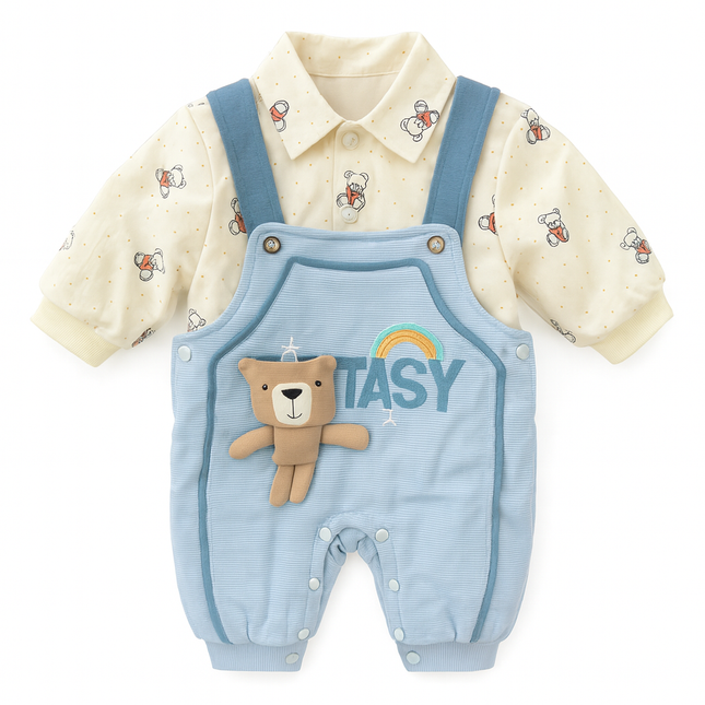 Baby Boys Blue Dungaree Set – “Fantasy” 3D Bear Plush Patch Design
