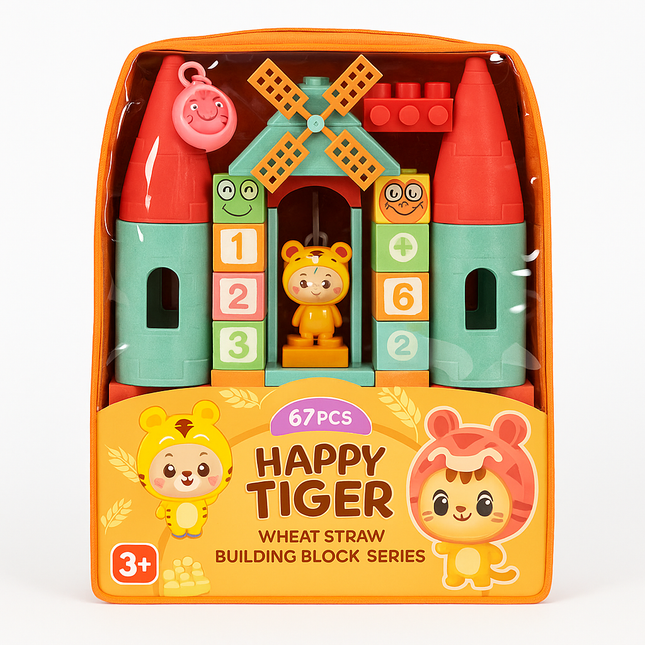 Happy Tiger Wheat Straw Building Block Set – 67 Pcs Educational Toy for Kids