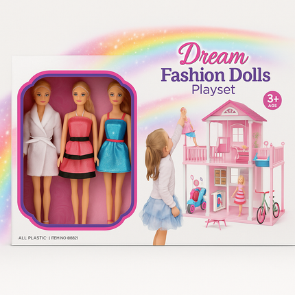 Dream Fashion Dolls Playset – 3 Stylish Dolls with Outfits (Age 3+)