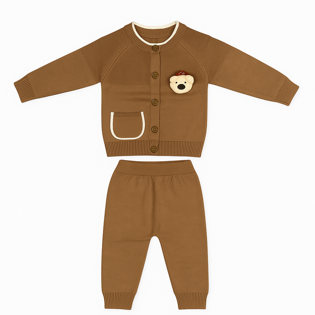 Brown Bear Knitted Baby Set – Cute 2-Piece Button-Up Outfit