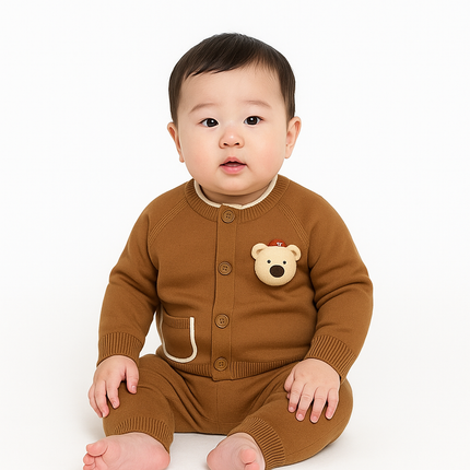 Brown Bear Knitted Baby Set – Cute 2-Piece Button-Up Outfit